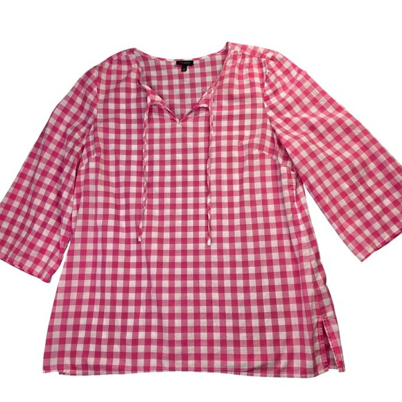 Talbots Shirt Womens L Pink White Gingham Check Tunic Cotton 3/4 Sl Peasant Boho - Picture 1 of 11